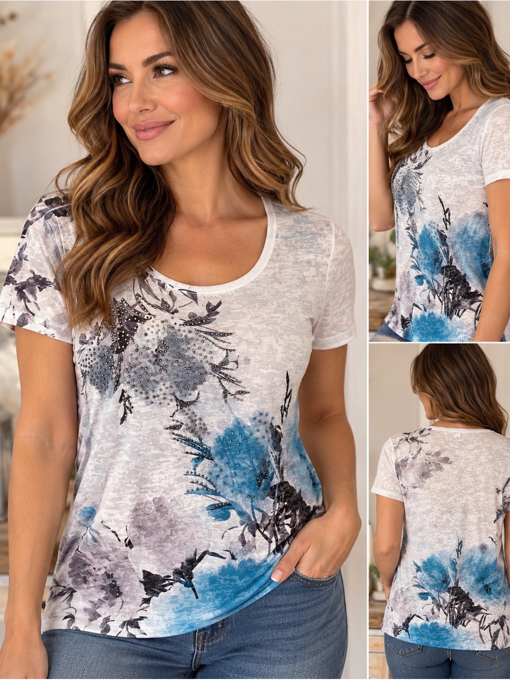 Laura Petites Floral Rhinestone Embellished Short Sleeve Top Size M NWT